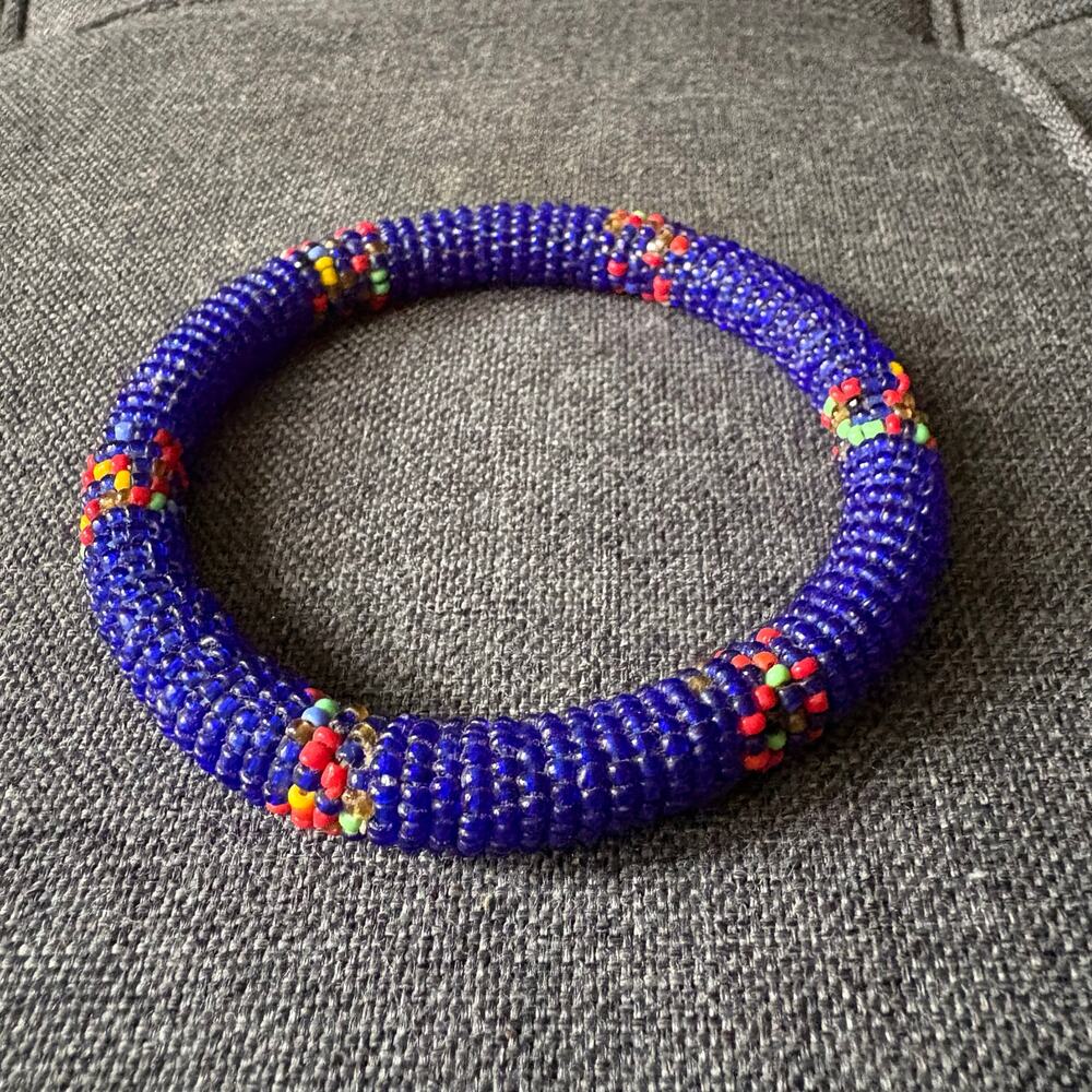 Blue Beaded Bangle Fashion Bracelet Thick Seed Bead Chunky - Costume Jewelry